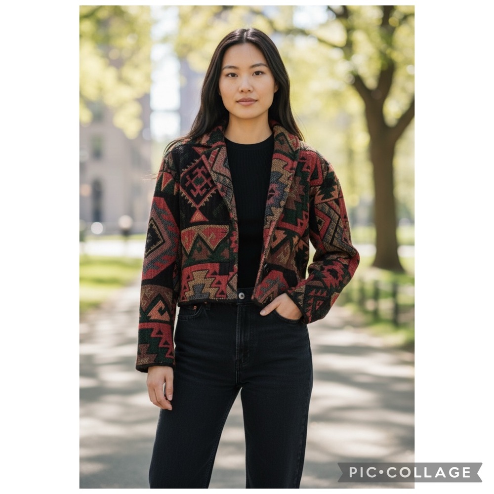 Flashback Raspberry Multi Aztec Southwestern Cropped Tapestry Jacket Vintage S - Picture 2 of 14